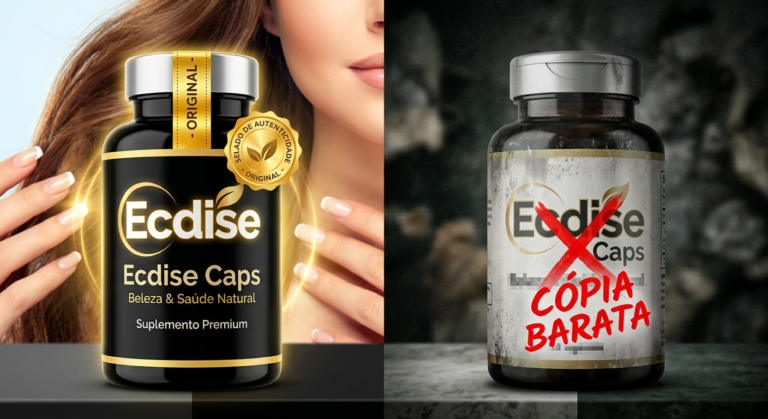 Comparativo visual entre Ecdise Caps original e um produto falsificado, destacando a segurança da compra oficial.