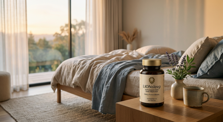 Frasco de LIONsleep da Gleicy Pontes Beauty em um quarto sereno ao amanhecer, simbolizando sono reparador e despertar energizado.