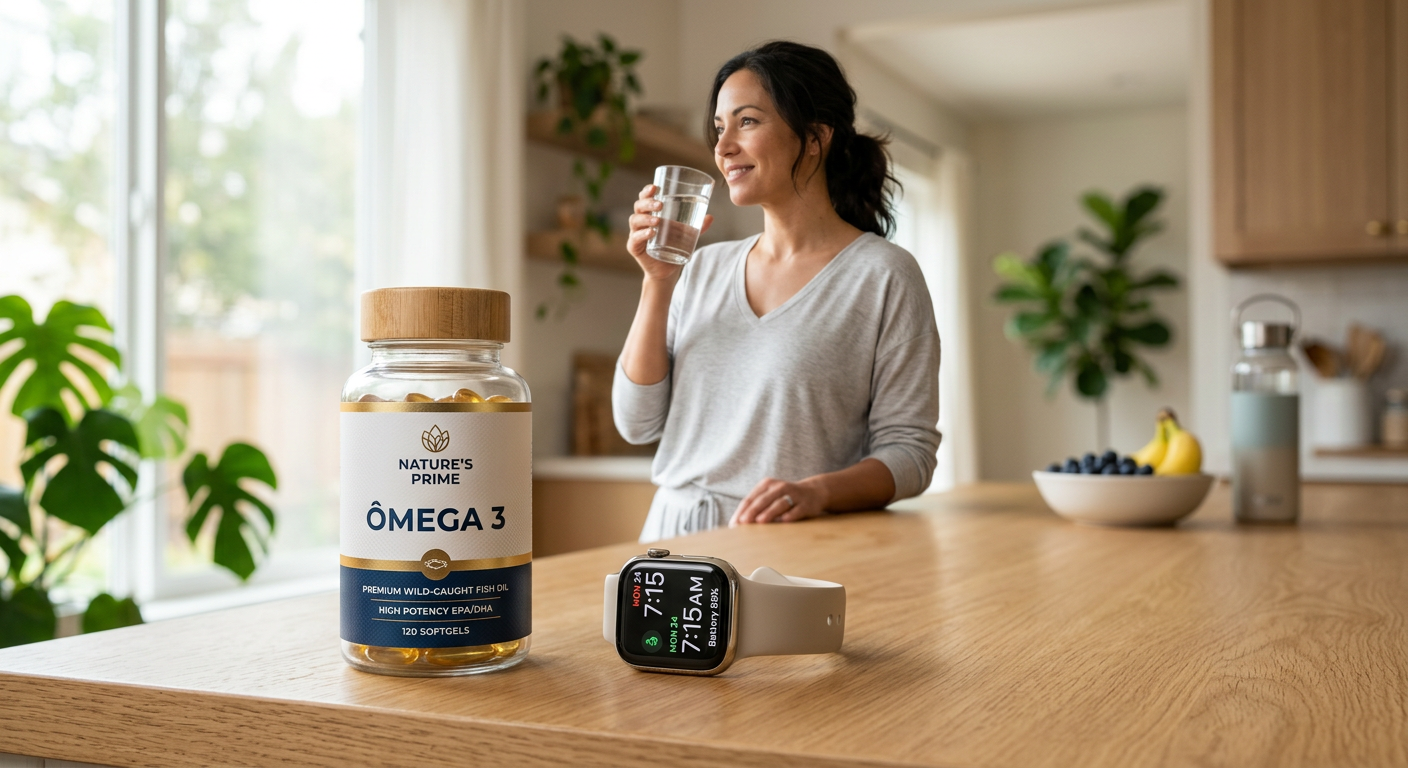 Frasco de Ômega 3 Nature's Prime ao lado de um relógio, com pessoa saudável em rotina matinal rápida, simbolizando saúde e conveniência.
