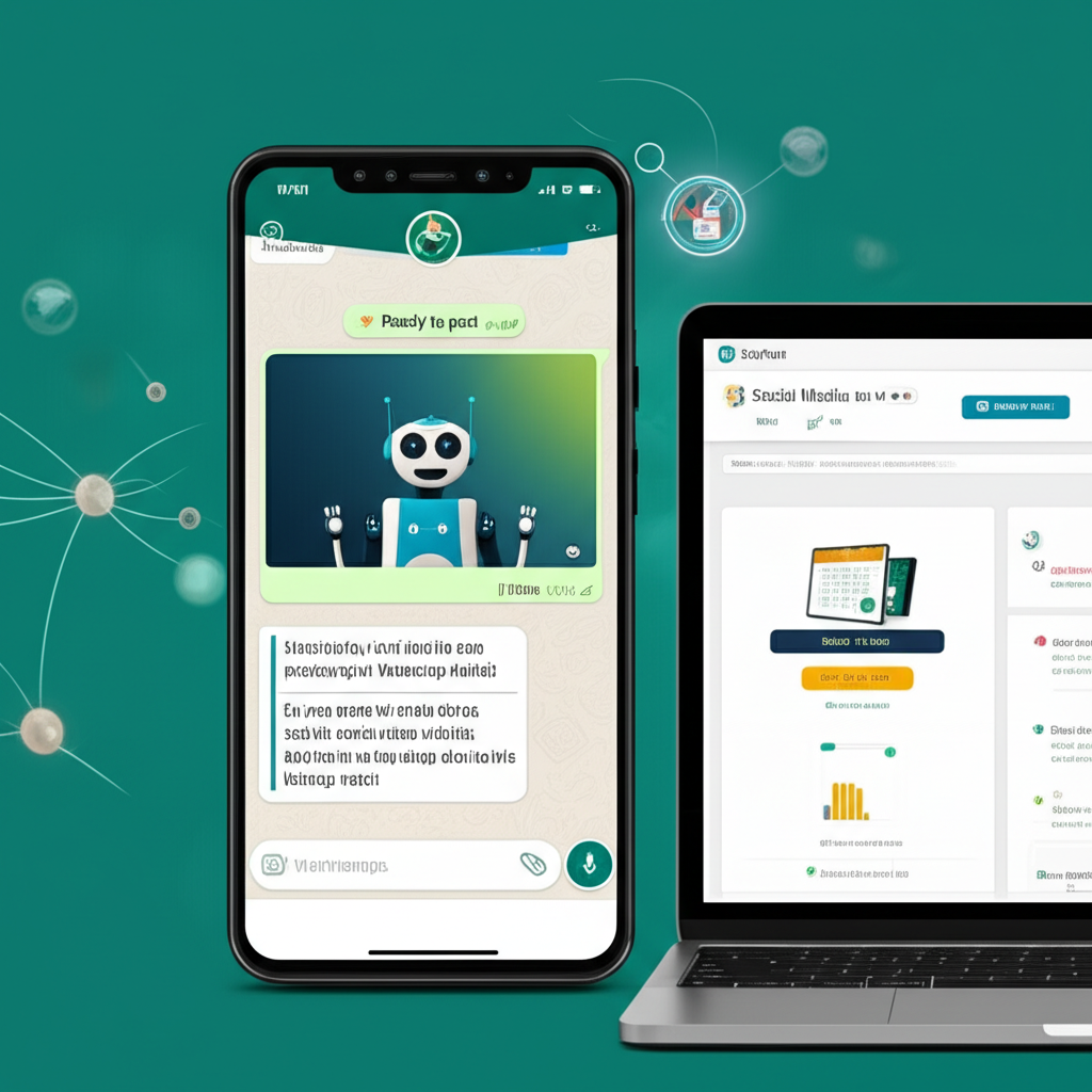 Tela de smartphone com conversa no WhatsApp mostrando posts diários criados pelo ZapPost, incluindo imagem, legenda e hashtags.
