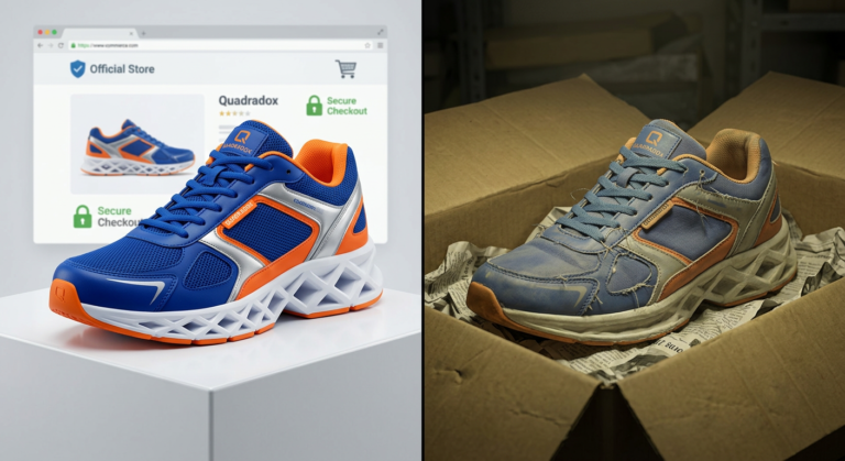 Imagem dividida comparando um tênis Quadradox original com seu design quadrado futurista e cores vibrantes, comprado oficialmente, versus um tênis Quadradox falso, de baixa qualidade e desbotado, simbolizando o risco da falsificação.