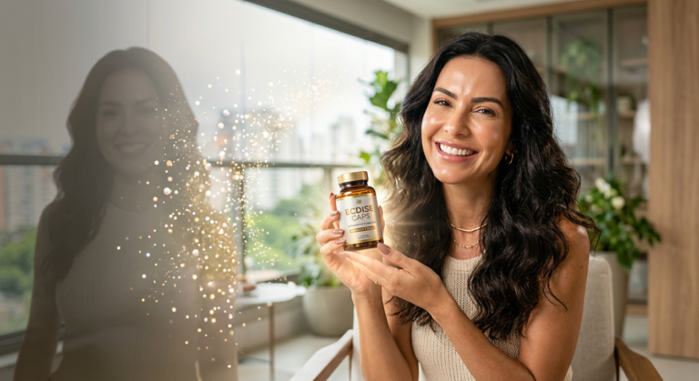 Mulher radiante com cabelos exuberantes e pele luminosa segurando o frasco de Ecdise Caps, simbolizando renovação e confiança.