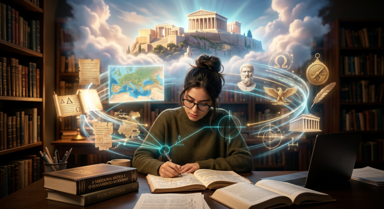 Estudante concentrado com livros de Humanas, tendo o Monte Olimpo estilizado e mira estratégica ao fundo, simbolizando o curso Extensivo PRO Terra Negra.