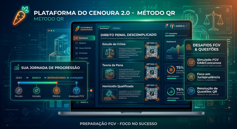 Interface digital da Plataforma do Cenoura 2.0 com elementos de Direito Penal, QR codes e gráficos de progresso para a banca FGV.