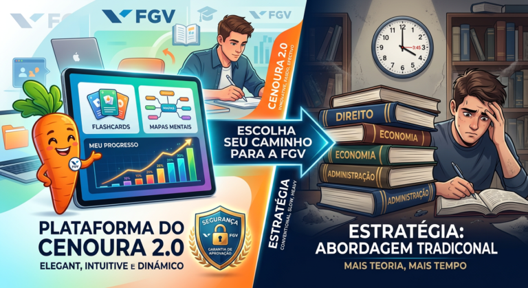 Comparação visual de metodologias de estudo para FGV: Plataforma do Cenoura 2.0 com ferramentas interativas e Estratégia com livros tradicionais, simbolizando segurança e confiança.