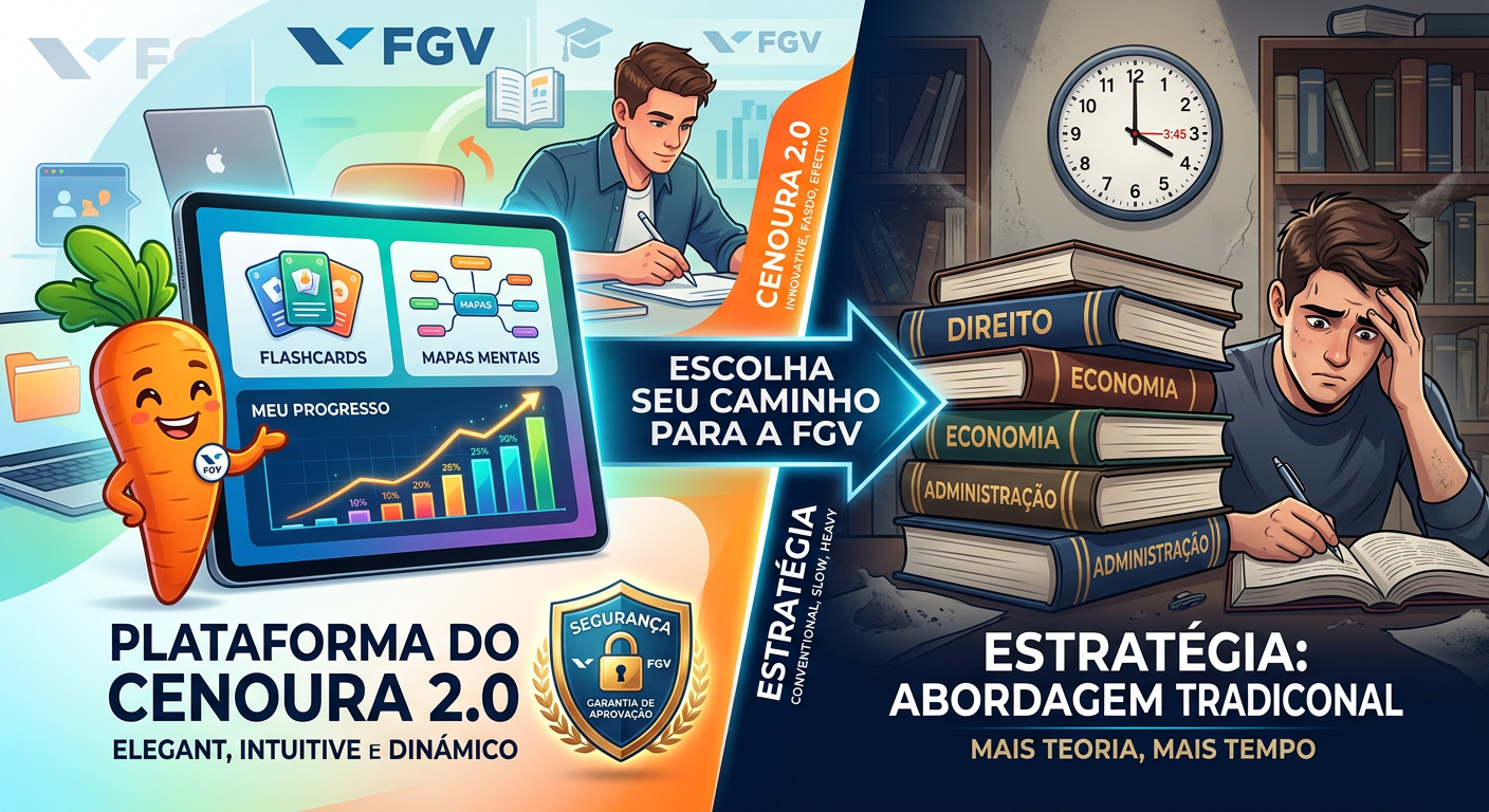 Comparação visual de metodologias de estudo para FGV: Plataforma do Cenoura 2.0 com ferramentas interativas e Estratégia com livros tradicionais, simbolizando segurança e confiança.