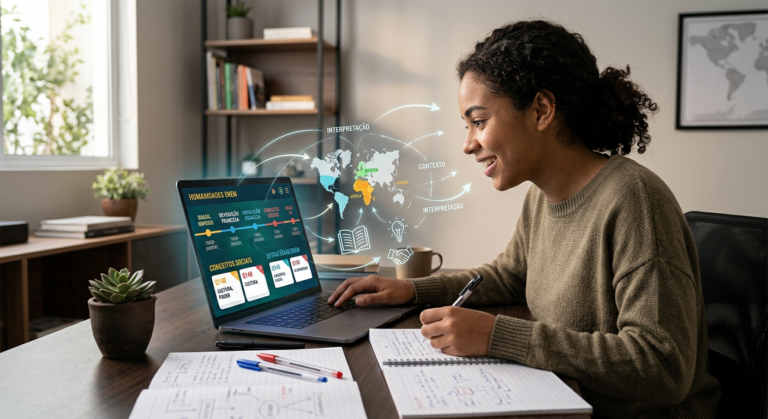 Jovem estudante focado em um laptop exibindo um curso online de Humanas para o ENEM, com livros e anotações, simbolizando aprendizado e superação de dificuldades com o Extensivo Basic 2026 Terra Negra.