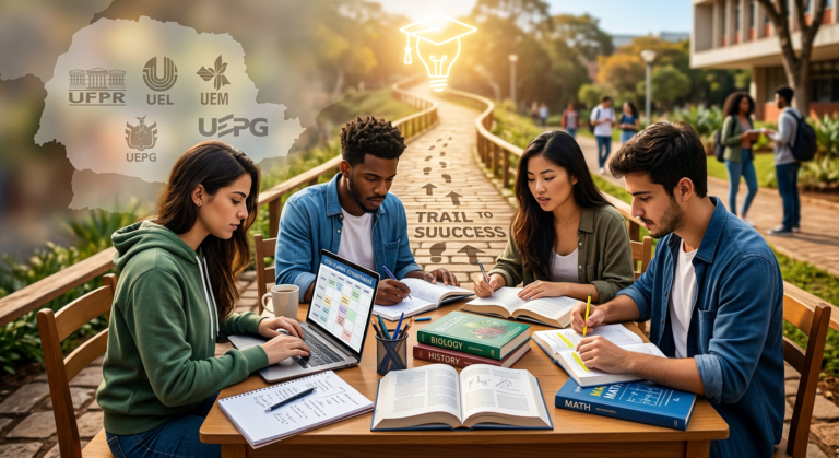 Estudantes focados em uma trilha de estudos com materiais didáticos, simbolizando o Extensivo 2026 do Professor JV para vestibulares do Paraná.