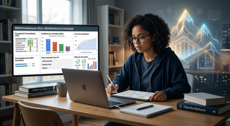 Estudante focado em tela de laptop exibindo um dashboard de estudos estratégico do Extensivo PRO Monte Olimpo 2026 para Ciências Humanas, com montanhas estilizadas ao fundo.