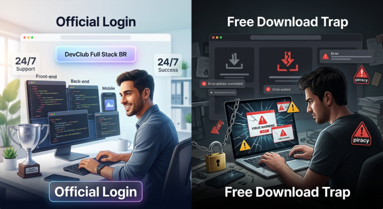 Contraste entre o login oficial seguro da Formação DevClub Full Stack BR (com sucesso, suporte e troféu) e a armadilha do download grátis (com erros, vírus e frustração para programadores iniciantes).