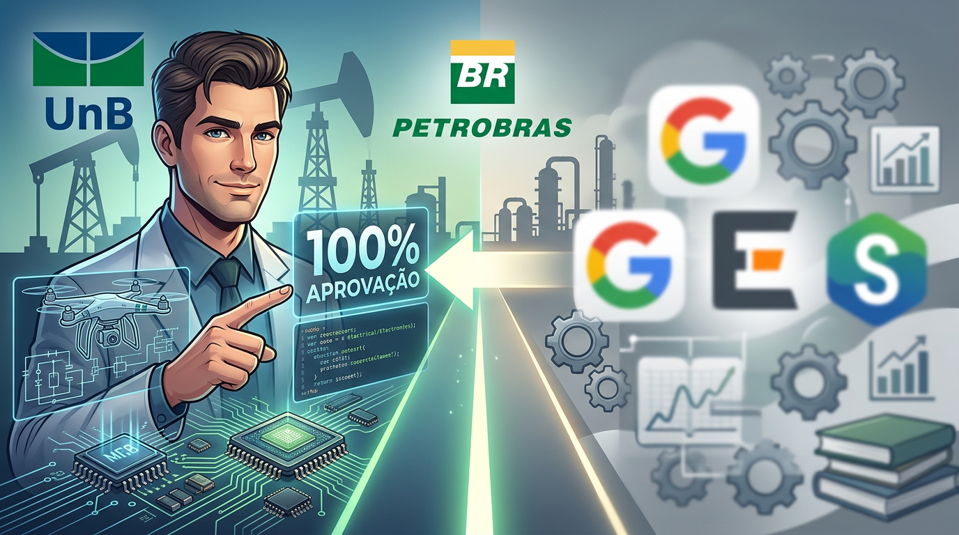 Comparação visual entre o curso focado de engenharia elétrica/eletrônica da UnB para Petrobras e plataformas genéricas de concursos, com um professor experiente e símbolos de sucesso.