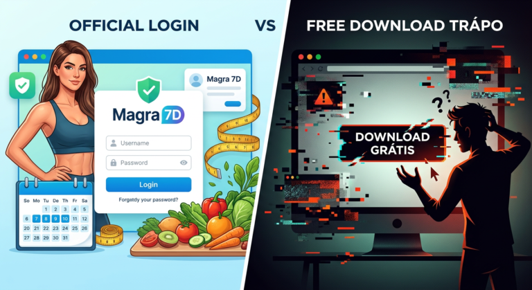 Imagem comparativa Magra 7D: Acesso oficial seguro da Hotmart vs. armadilha do download grátis e pirata. Ilustra a diferença entre adquirir o curso original da Mariana Ferri d'Avila e os riscos da pirataria.