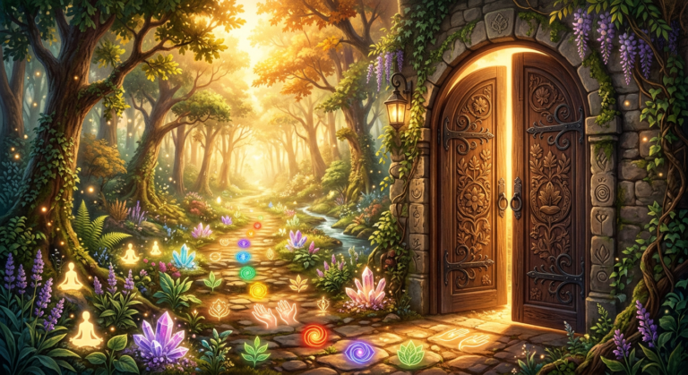 Porta aberta iluminada com caminho rodeado por símbolos de terapias holísticas como cristais e chakras, representando a Formação Ibterapias.