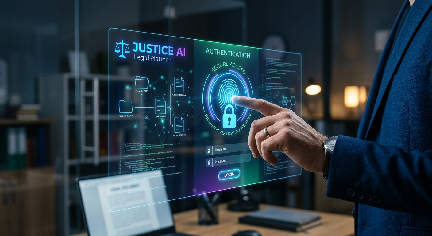 Advogado realizando login seguro em plataforma de Inteligência Artificial para prática jurídica.