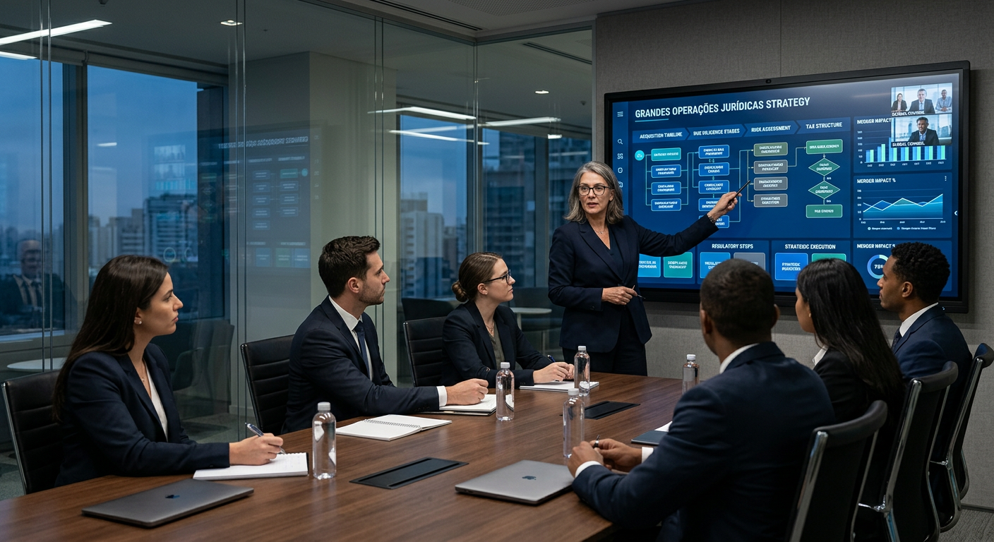 Mentor jurídico experiente discute estratégias de grandes operações com advogados em sala de reunião moderna, com foco em apresentações de alta qualidade e conteúdo em vídeo.