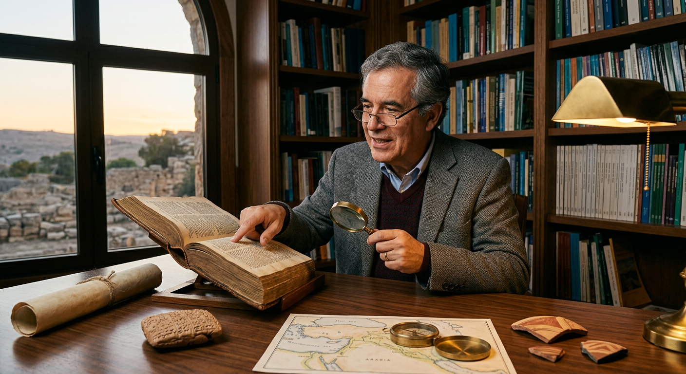 Professor Rodrigo Silva estudando a Bíblia aberta com mapas antigos e artefatos arqueológicos em um ambiente de pesquisa acadêmica.