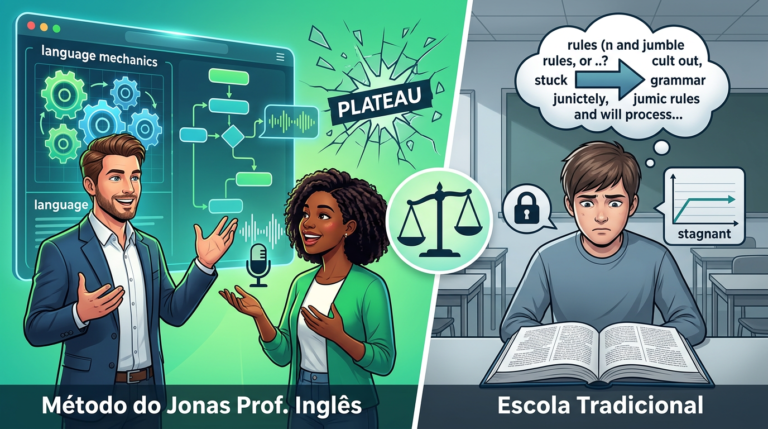 Comparativo visual entre o Método Beway 2.0 do Professor Jonas e o ensino de inglês tradicional, destacando a fluência e confiança alcançadas versus a frustração e o travamento na fala.
