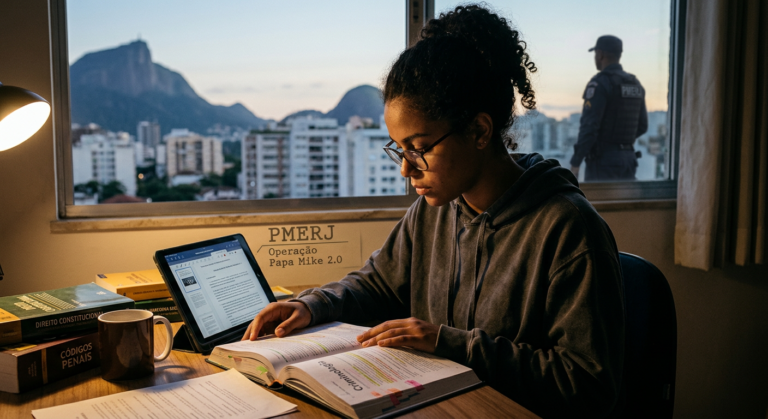 Candidato determinado estudando para o concurso PMERJ, com livros e tablet, refletindo foco na 'Operação Papa Mike 2.0'.