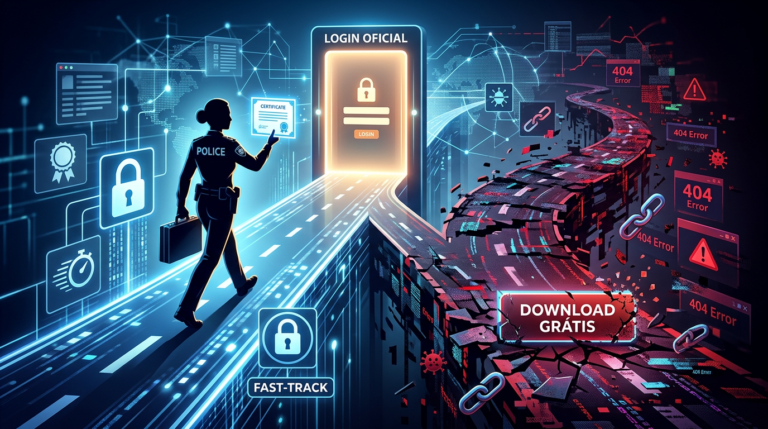 Comparação visual entre o acesso oficial e seguro a um curso de segurança e o download pirata e arriscado.