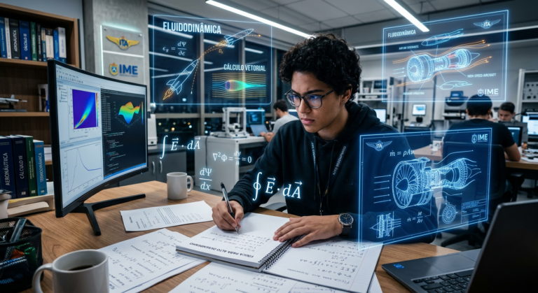 Estudante concentrado em física avançada com cálculo, representando sucesso em concursos ITA/IME pelo curso FAD de Caio Bianchi.