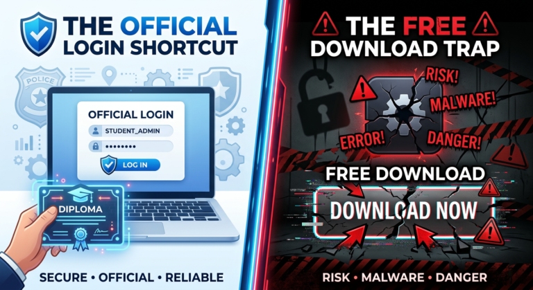 Imagem dividida mostrando o contraste entre um acesso oficial e seguro a um curso online (login) e o perigo de um download ilegal (pirataria).