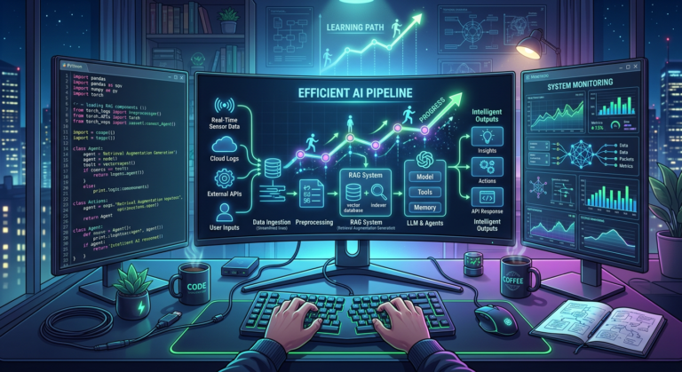 Imagem de um ambiente de desenvolvimento de software, com telas exibindo código de IA, diagramas de arquitetura de Large Language Models (LLMs), RAG (Retrieval Augmented Generation) e agentes inteligentes, e fluxos de dados, simbolizando a engenharia de IA eficiente e a jornada de aprendizado para desenvolvedores.
