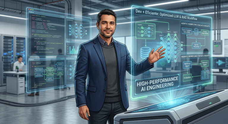 Alberto Luiz, Diretor de Tecnologia e criador do Dev Eficiente, em um ambiente tecnológico moderno, apresentando conceitos de engenharia de IA, LLMs e RAG em telas interativas, transmitindo foco e expertise.