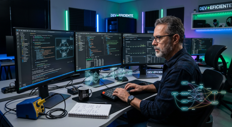 Engenheiro de software sênior trabalhando em sistemas avançados de Engenharia de IA com RAG e Kubernetes, simbolizando a Especialização Dev+Eficiente. A imagem destaca a profundidade técnica e o foco em produção.