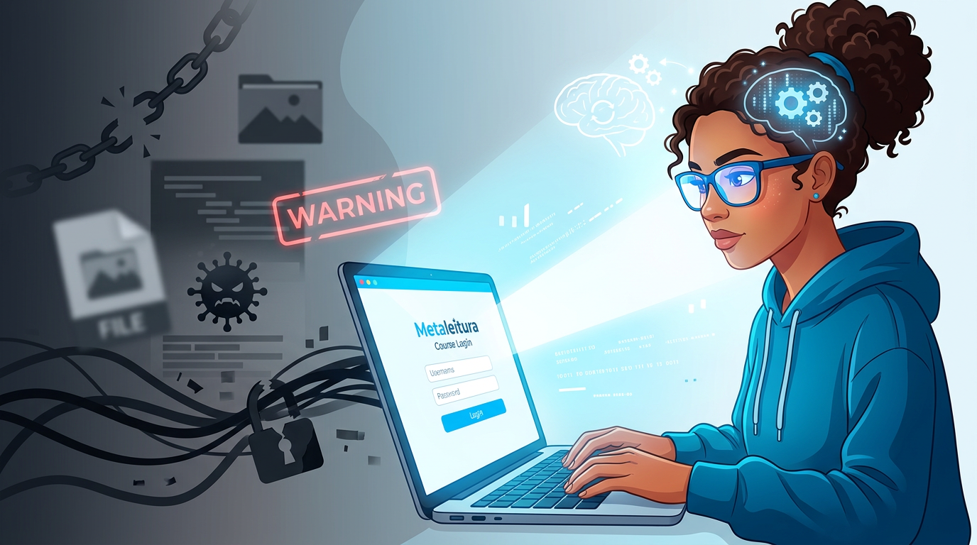 Ilustração conceitual comparando o acesso seguro ao Curso Metaleitura (LDE) com os riscos de downloads piratas e suas consequências negativas.