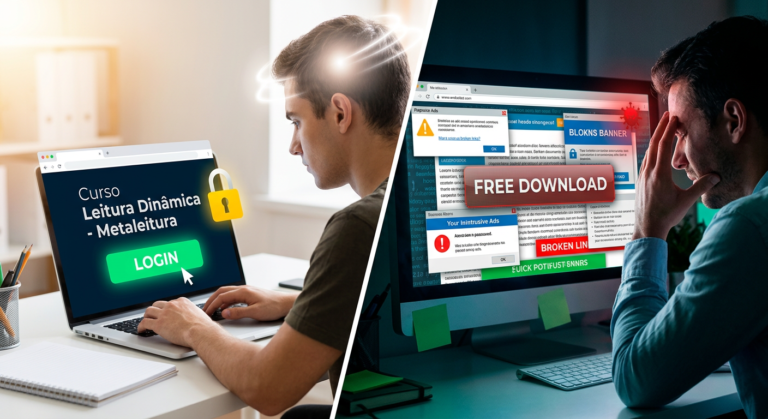 Imagem contrastante de acesso seguro a curso de leitura dinâmica via login oficial em plataforma digital vs. perigo e armadilha de download gratuito com vírus/malware.