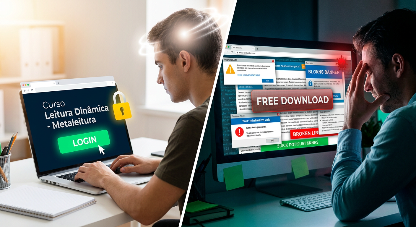 Imagem contrastante de acesso seguro a curso de leitura dinâmica via login oficial em plataforma digital vs. perigo e armadilha de download gratuito com vírus/malware.