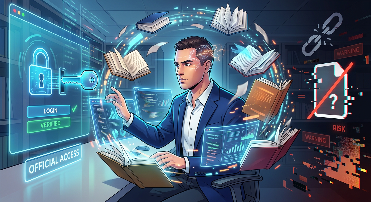 Homem absorvendo informações rapidamente de livros e telas, com símbolos de login oficial e download arriscado, representando leitura dinâmica e acesso seguro.