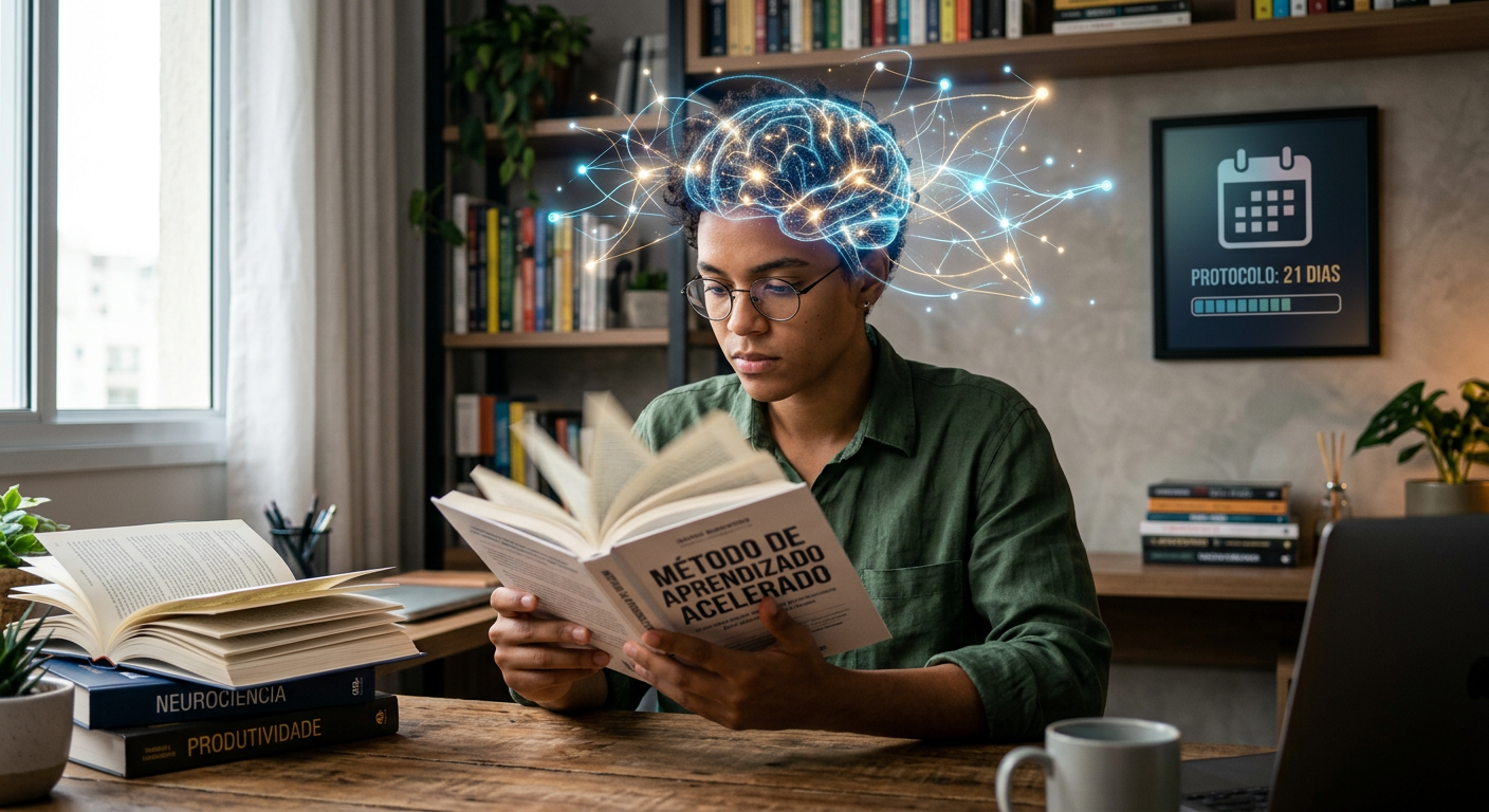 Pessoa lendo um livro rapidamente com o cérebro ativo e elementos visuais que indicam retenção de conhecimento, representando o Curso Metaleitura de Renato Alves.