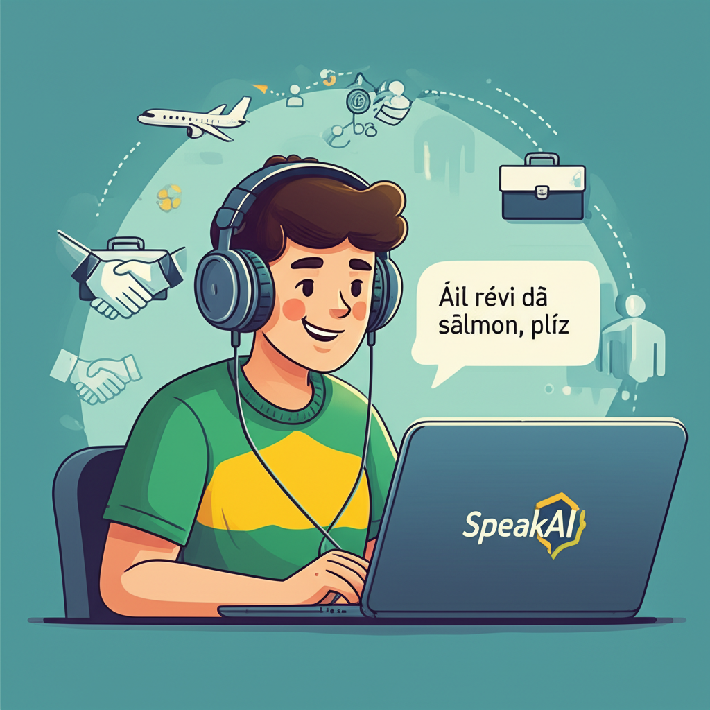 Ilustração de estudante brasileiro usando fones e laptop com o logo SpeakAI, falando frase fonética em inglês, rodeado por ícones de viagem e negócios.