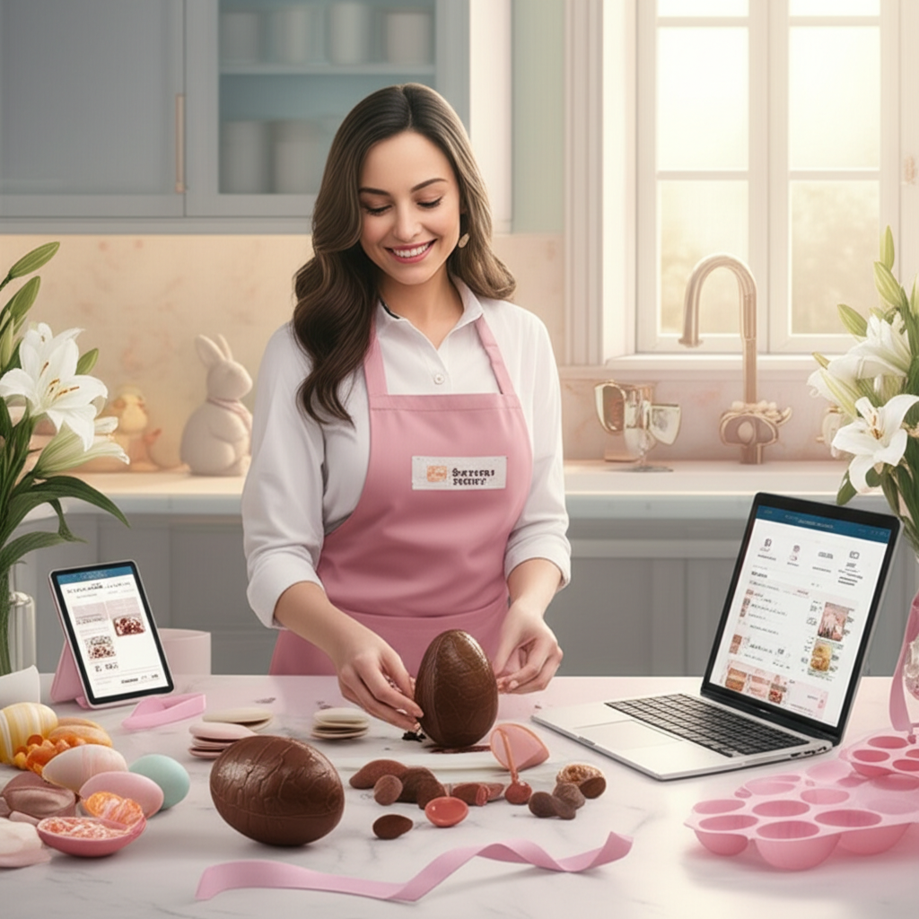Confeiteira Marrara Bortoloti apresentando ovos de Páscoa artesanais em uma cozinha moderna, com dispositivos digitais e elementos de primavera.