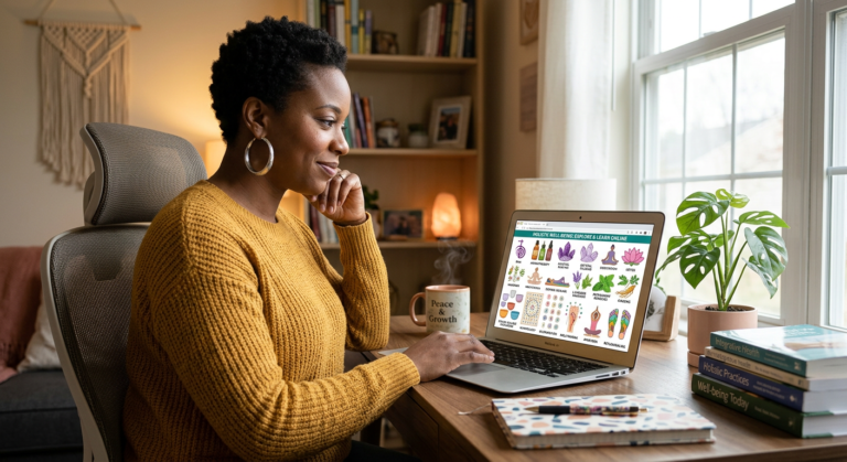 Pessoa estudando terapias holísticas online em laptop, com diversos símbolos de cura e bem-estar flutuando ao redor, como Reiki, cristais e óleos essenciais.