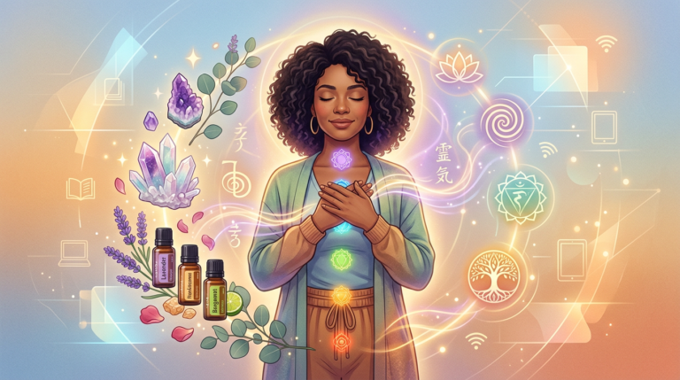 Pessoa em meditação cercada por símbolos de mais de 70 terapias holísticas, incluindo cristais, óleos essenciais, plantas e energia, representando uma formação completa online.