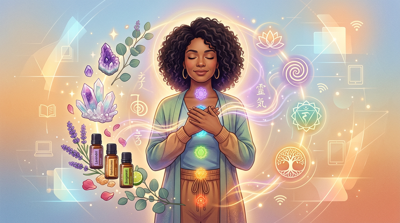 Pessoa em meditação cercada por símbolos de mais de 70 terapias holísticas, incluindo cristais, óleos essenciais, plantas e energia, representando uma formação completa online.