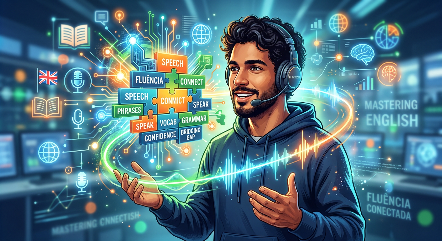 Pessoa falando inglês com fluência usando fones, com gráficos de aprendizado e fórmula em volta, representando o curso Fórmula da Fluência de Caio R.
