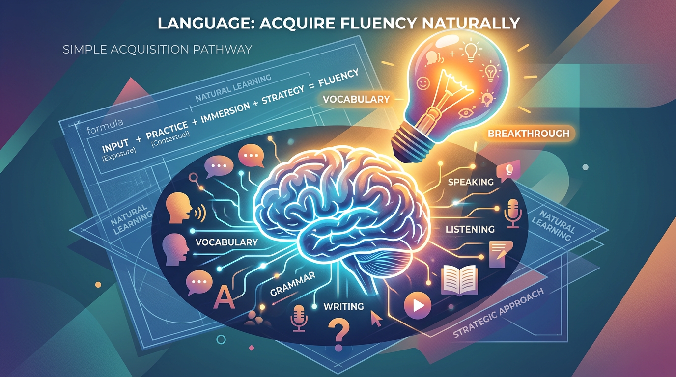 Ilustração conceitual de um cérebro humano com símbolos de uma 'fórmula' e palavras em inglês, representando o aprendizado e a conquista da fluência pelo método Fórmula da Fluência.