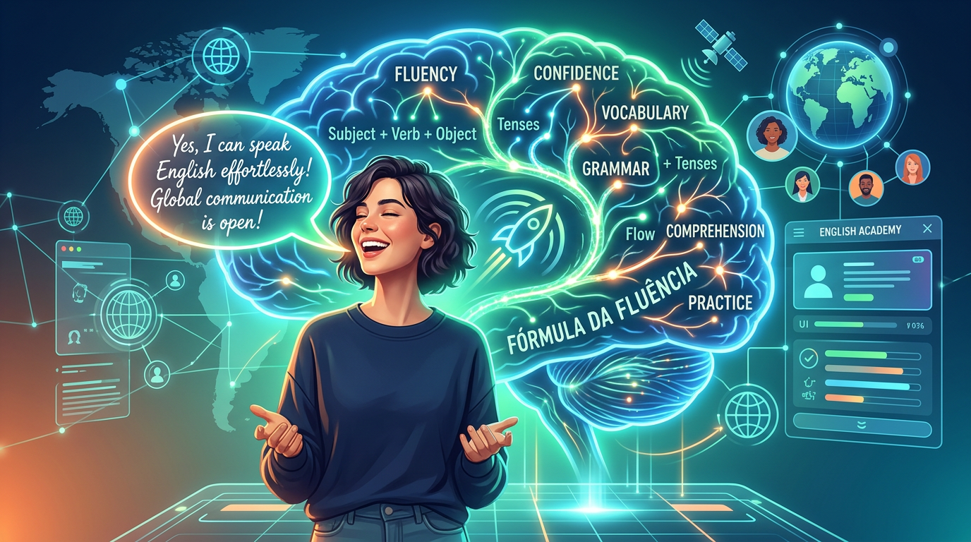 Imagem conceitual de um estudante alcançando fluência em inglês com caminhos cerebrais iluminados, simbolizando o aprendizado rápido e simplificado do 'Fórmula da Fluência'.