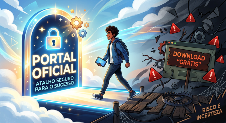 Contraste visual entre um login oficial seguro (solução para procrastinação) e um download grátis arriscado (armadilha), com pessoa escolhendo o caminho certo.