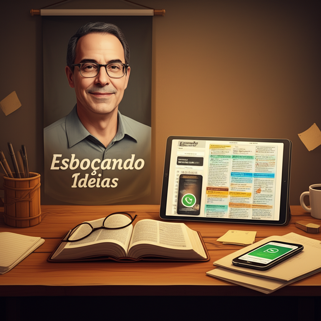 Ilustração de um espaço de estudo bíblico com Bíblia aberta, tablet digital, e banner do Presbítero André Sanchez, simbolizando o curso 'Conheça Sua Bíblia Capa a Capa Vale?'.