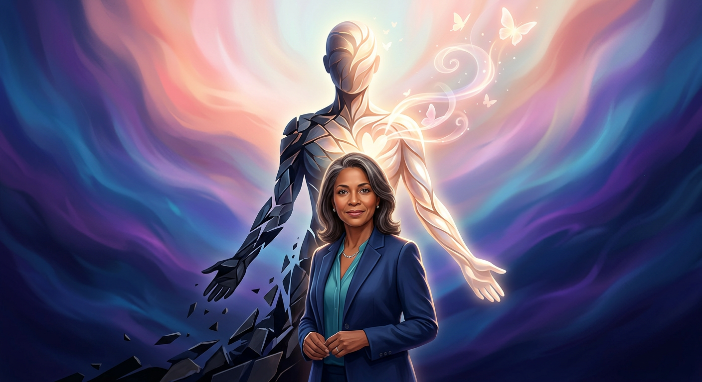 Dra. Andréa Vermont ao lado de uma silhueta humana em transformação, com fragmentos escuros na base ascendendo para uma forma luminosa e completa, simbolizando cura e propósito.