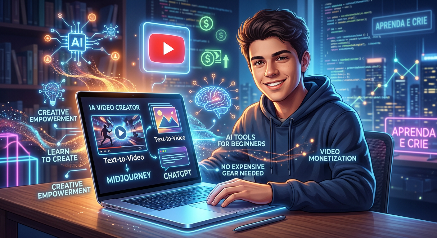 Jovem otimista utilizando laptop com interfaces de IA para criação de vídeo e imagem, cercado por elementos futuristas de inteligência artificial e o logo do YouTube ao fundo. Simboliza aprendizado e monetização.