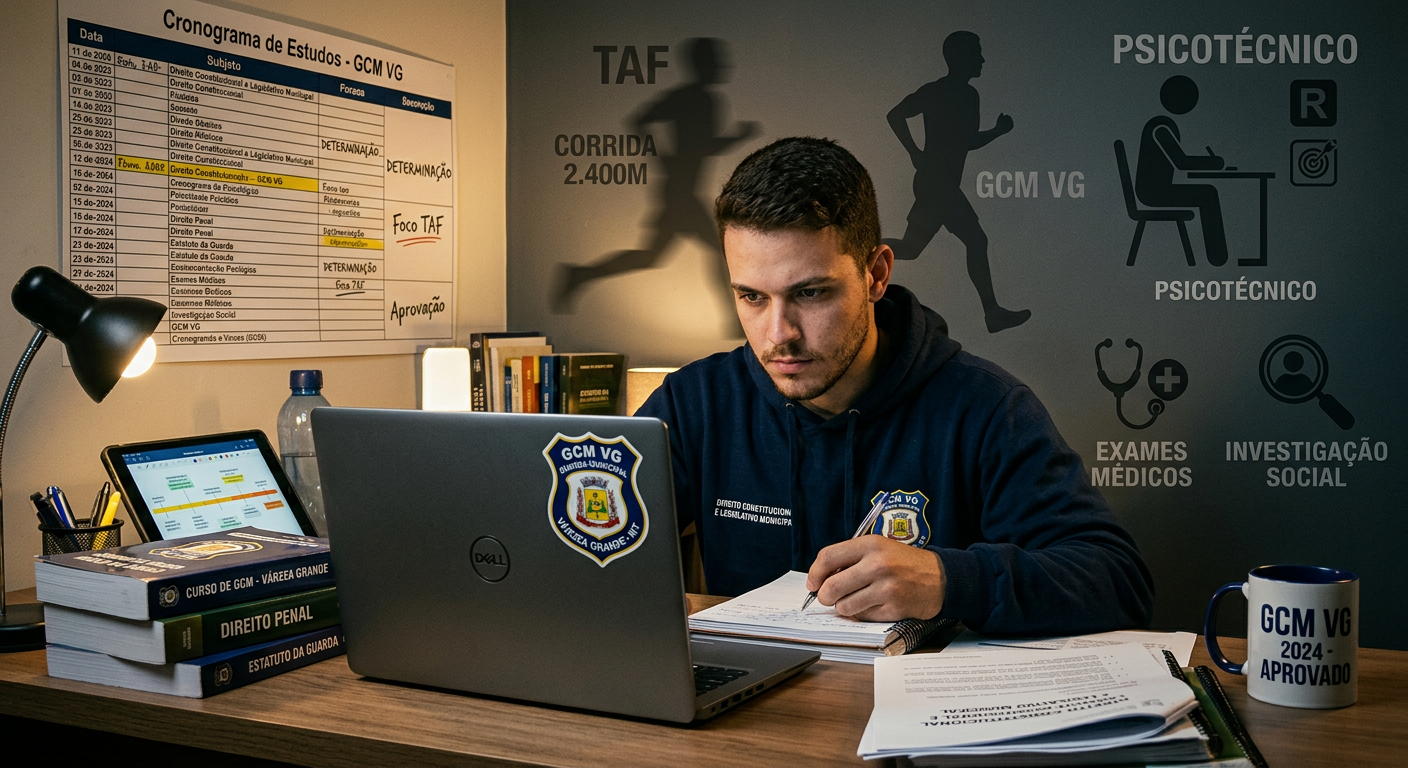 Candidato focado estudando para o Preparatório Completo Guarda Municipal de Várzea Grande, com elementos visuais de TAF, psicotécnico e investigação social ao fundo, simbolizando preparação integral.