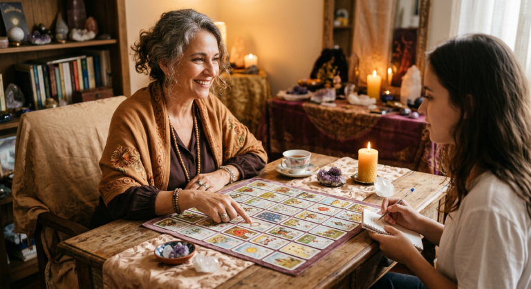 Instrutora Heloisa Helena ensinando a leitura de Baralho Cigano para uma aluna, com as cartas dispostas em uma mesa mística e acolhedora.