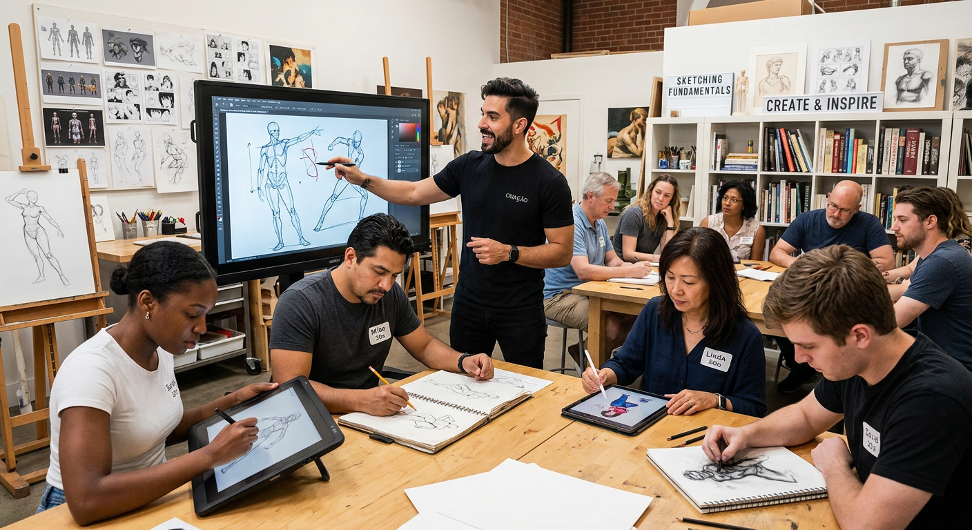 Estudantes de todas as idades aprendendo a desenhar com o método Thiago Spyked, utilizando ferramentas tradicionais e digitais em um curso online.