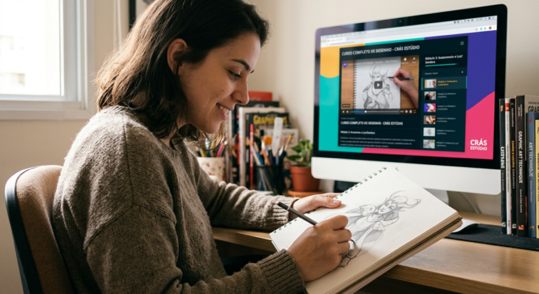 Pessoa desenhando em um curso online 'Como Desenhar' de Thiago Spyked, mostrando aprendizado e foco em fundamentos de desenho digital e tradicional com a Crás Estúdio.
