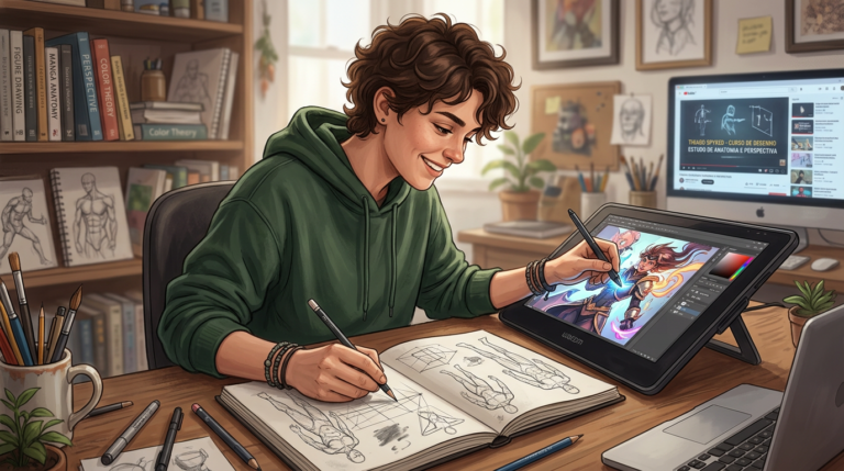 Artista jovem desenhando em tablet e sketchbook, com foco nos fundamentos do curso Como Desenhar de Thiago Spyked.